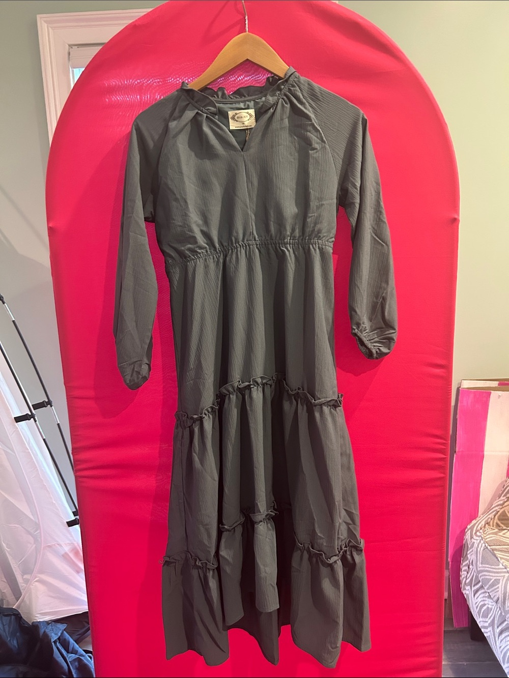 Girls Tiered Long Sleeve Midi Dress - Smoky Blue